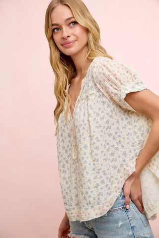 BiBi Floral Crinkle Neckdrop Short Sleeve Blouse Top - Glamourous Grace