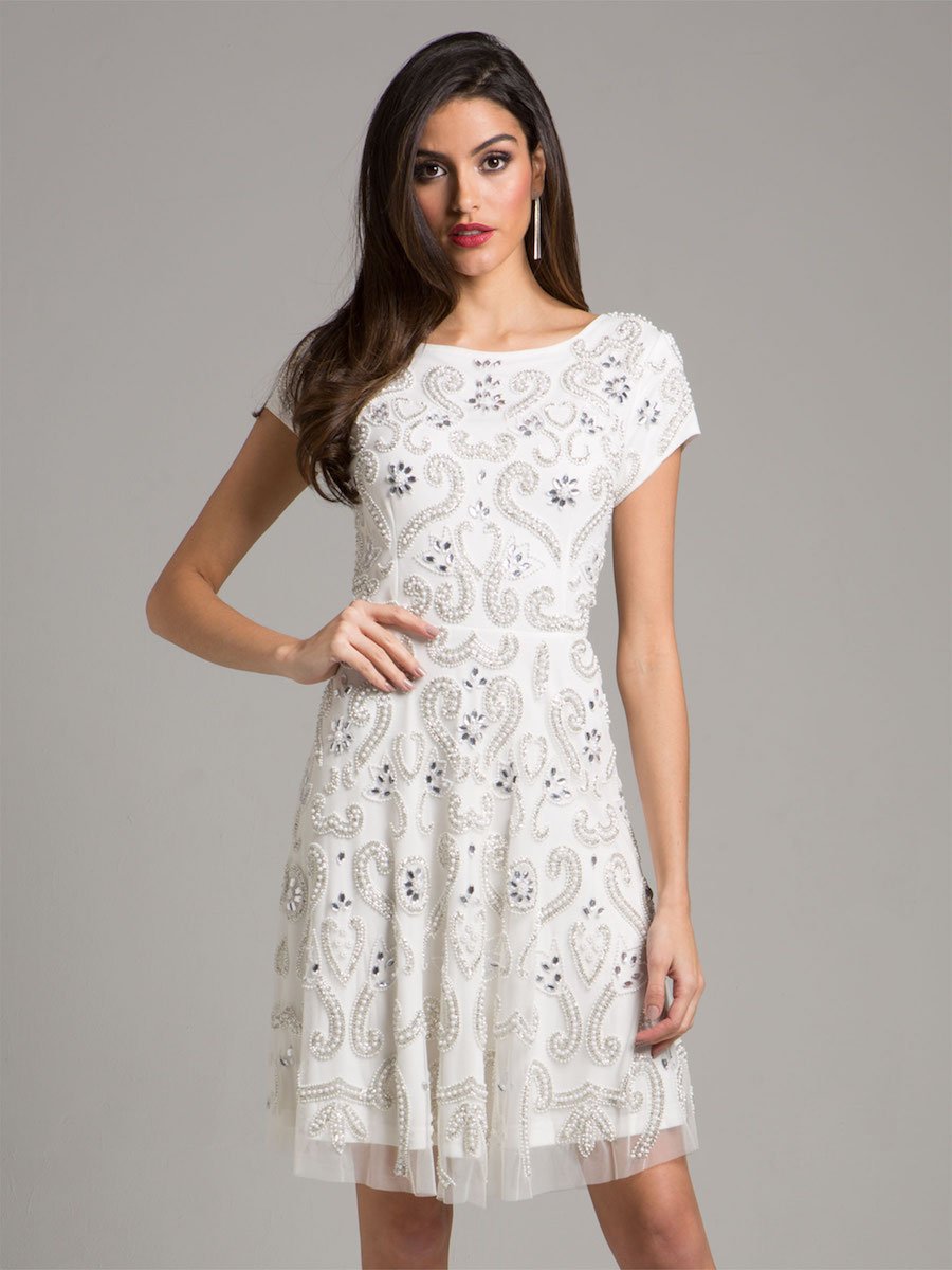 Lara Allison Short Sleeve Beaded Cocktail Dress in Ivory - Glamourous Grace