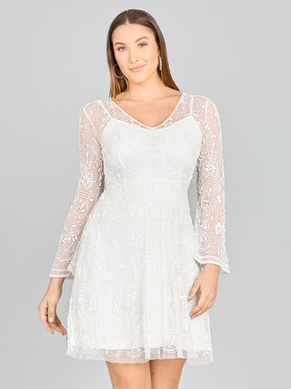 Lara Eliza Beaded A-line Bell Sleeve Bridal Short Dress - Glamourous Grace