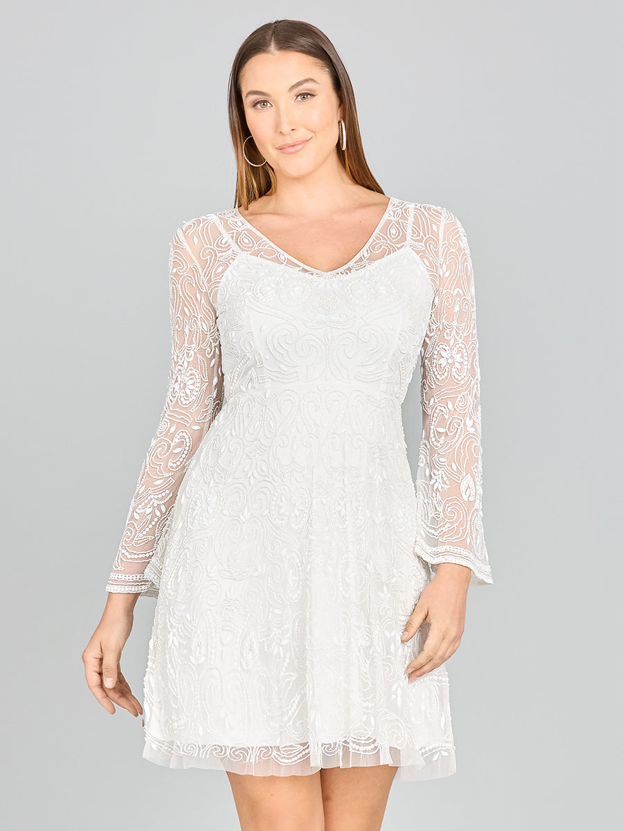 Lara Eliza Beaded A-line Bell Sleeve Bridal Short Dress - Glamourous Grace
