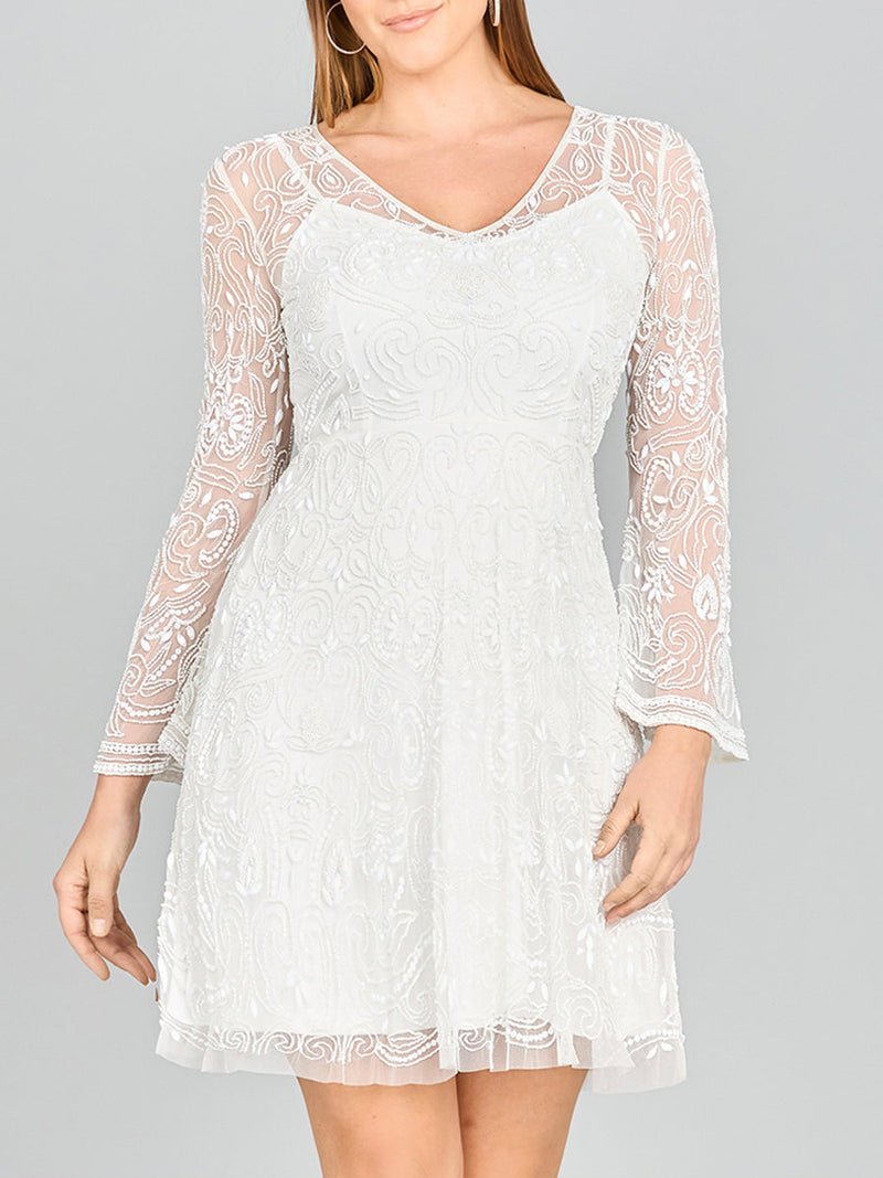 Lara Eliza Beaded A-line Bell Sleeve Bridal Short Dress - Glamourous Grace