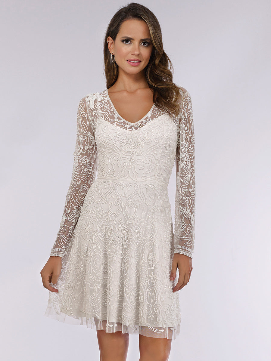 Lara Eliza Beaded A-line Bell Sleeve Bridal Short Dress - Glamourous Grace