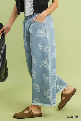 Umgee Denim Paisley Wide-Leg Pants - Glamourous Grace