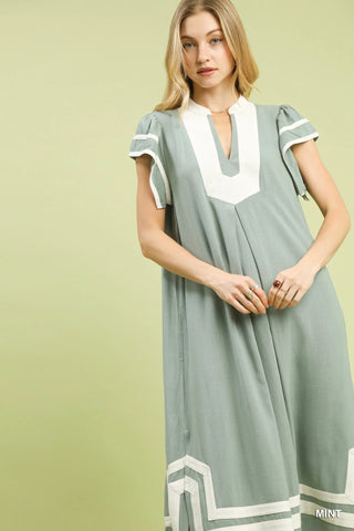 Umgee Linen Cotton Contrast Neckline Midi Dress in Mint - Glamourous Grace