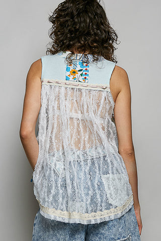 POL Floral V-Neck Sheer Tank with Lace Trim in Soda Candy - Glamourous Grace