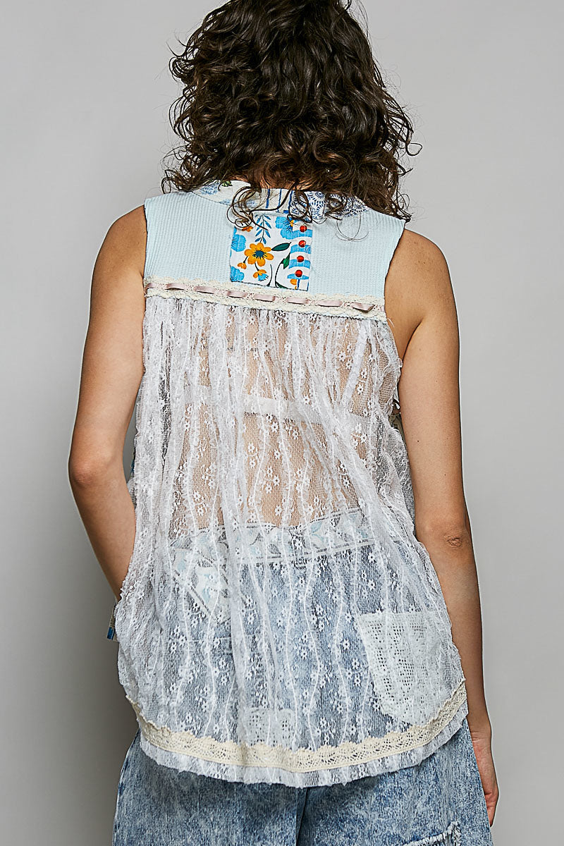 POL Floral V-Neck Sheer Tank with Lace Trim in Soda Candy - Glamourous Grace