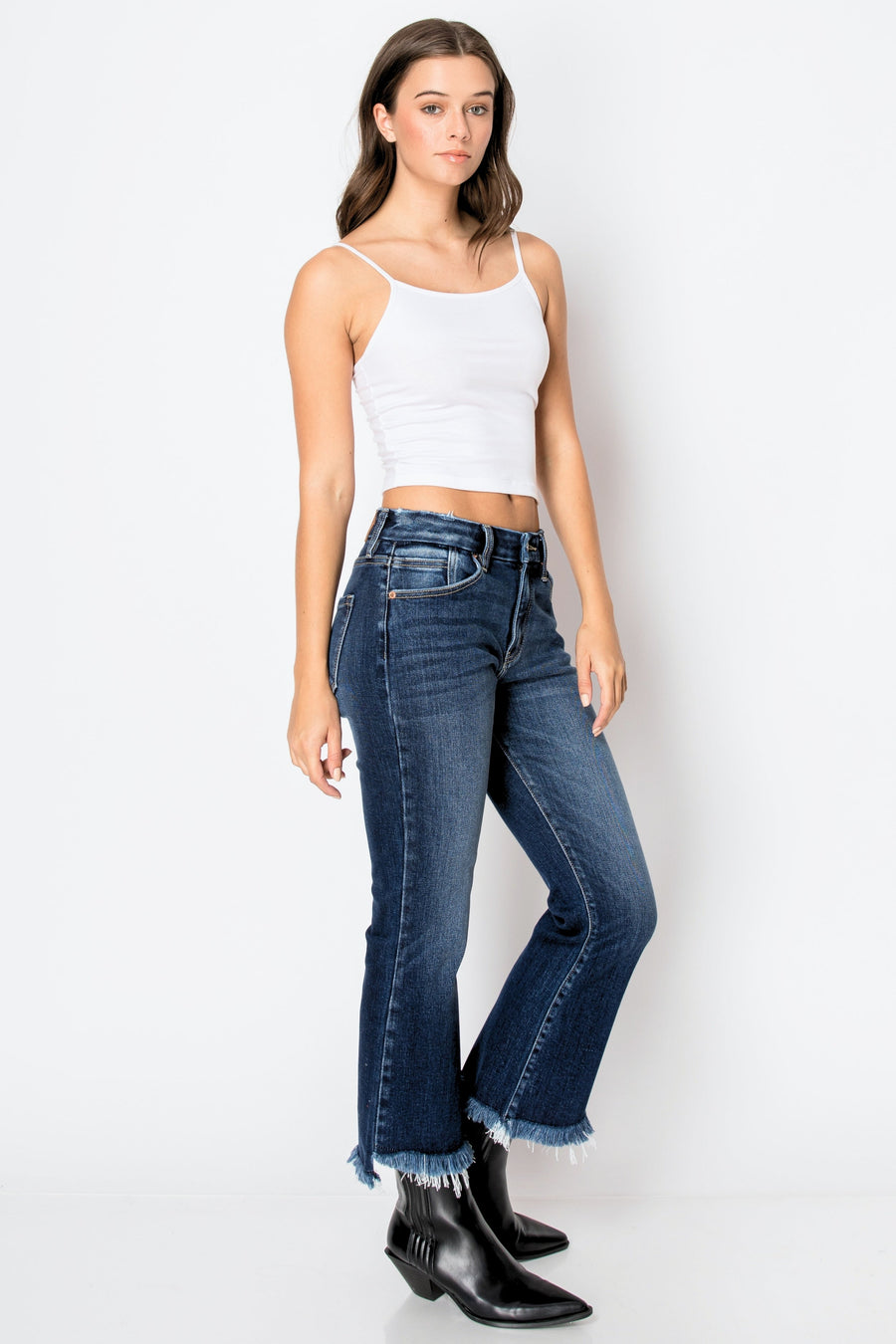 Eco Friendly Corset High Rise Crop Flare Jeans (Dark Wash) - Glamourous Grace