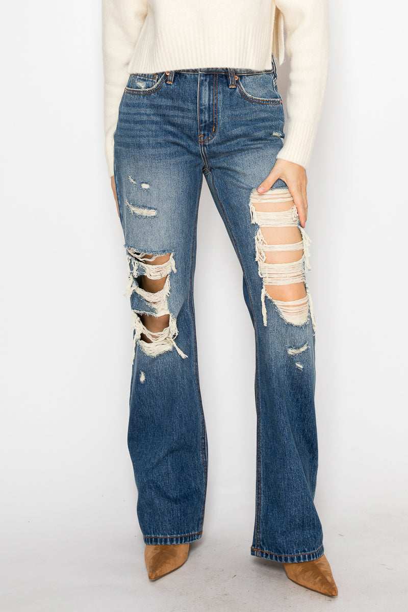 Hybrid Stretch Ripped Relaced Flare Jeans - Glamourous Grace