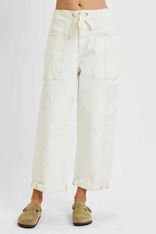 RISEN High Rise Crop Wide Barrel Cargo Pocket Jeans