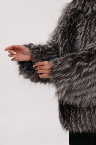 Reversible Genuine Silver Fox  Down Fill Coat in Grey