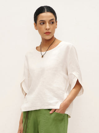 100% Linen Round Neck Petal-Sleeve Pullover LAUREL - Glamourous Grace