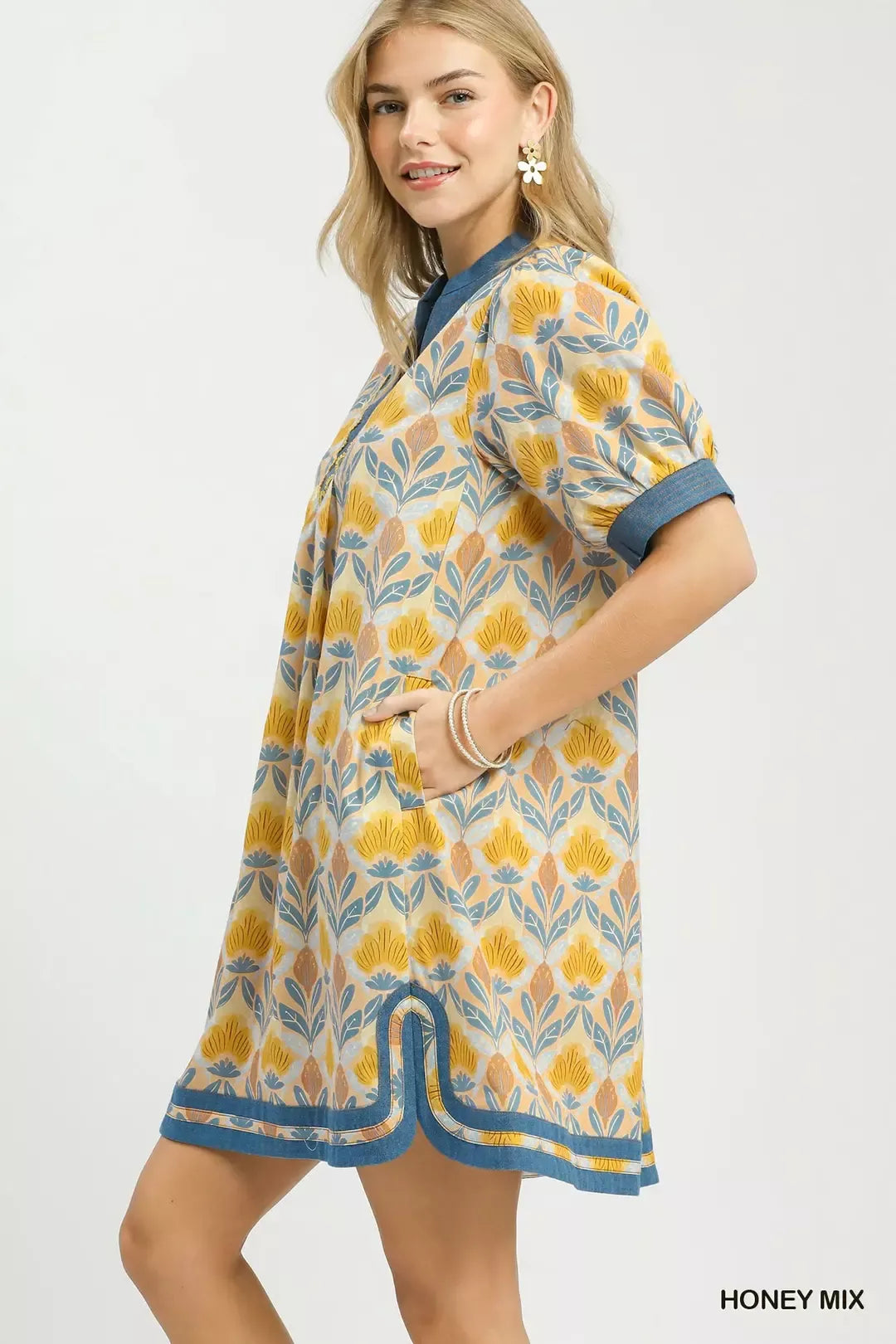 Umgee Mix Tile Print Mini Dress in Honey Mix - Glamourous Grace