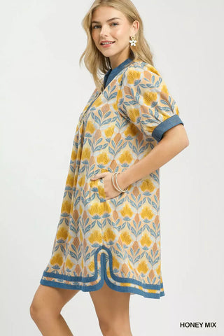 Umgee Mix Tile Print Mini Dress in Honey Mix - Glamourous Grace