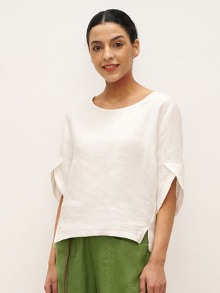 100% Linen Round Neck Petal-Sleeve Pullover LAUREL - Glamourous Grace