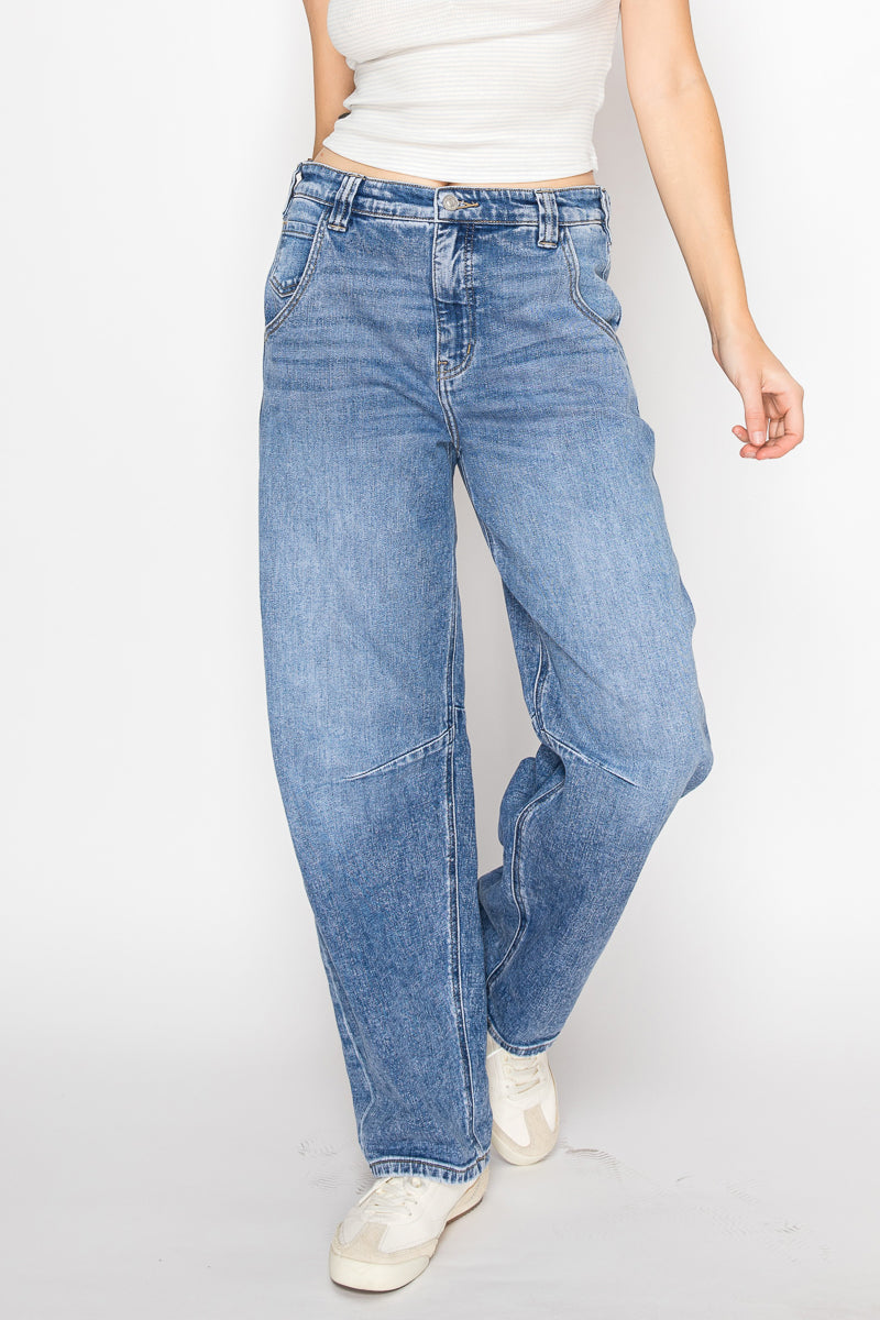 Sloane Adjustable Strap Waistband Barrel Jeans - Glamourous Grace