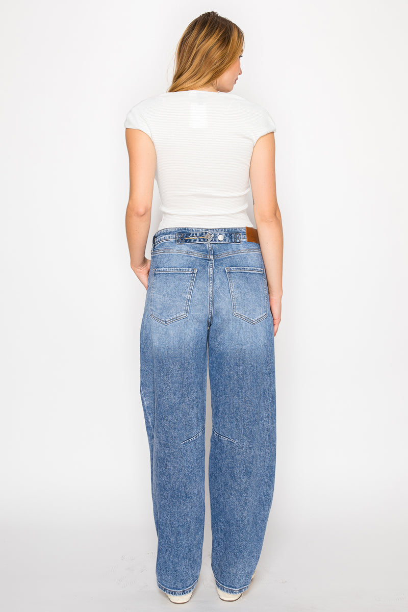 Sloane Adjustable Strap Waistband Barrel Jeans - Glamourous Grace