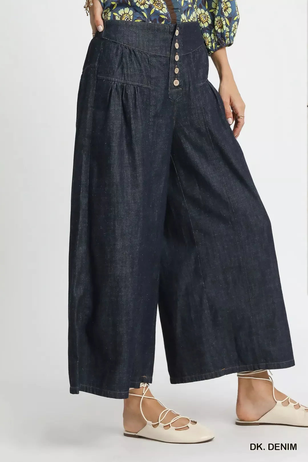Umgee Stone Washed Wide-Leg Button-Front Culottes - Glamourous Grace