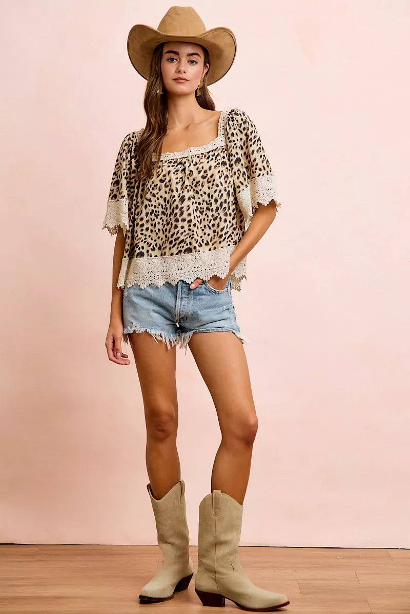 BiBi Leopard Lace Mix And Match Square Neckline Top - Glamourous Grace