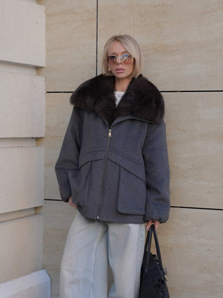 Rimini Genuine Fur Trim Wool Blend Parka in Graphite
