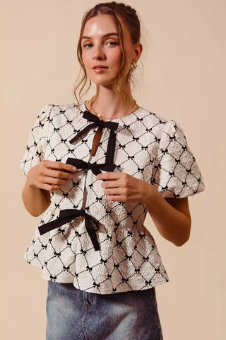 SO ME Bow Texture Woven Peplum Top With Contrast Tie - Glamourous Grace