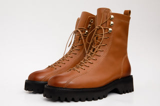 The Moreno Tan Leather Lace-Up Mid Calf Women Boot Final Sale!