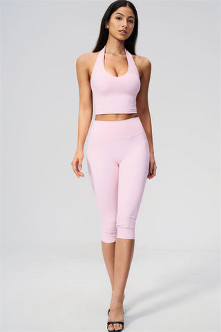 The Twirl Wide Strap Halter Crop Top Capri Leggings 2-Piece Set