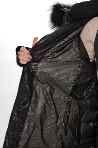 Cyrus Genuine Fur Trim Down Fill Coat in Black
