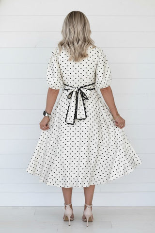 Polka Dot Scallop Trim Button Down Midi Dress - Glamourous Grace