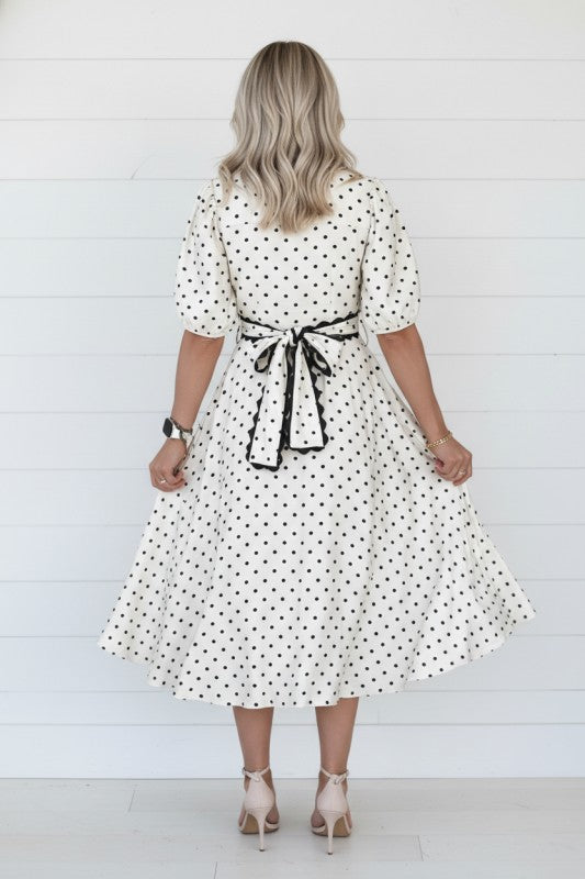 Polka Dot Scallop Trim Button Down Midi Dress - Glamourous Grace