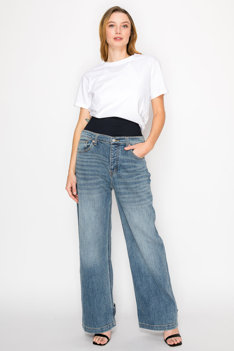 Adjustable Hem Knit Band Wide Leg Jeans - Glamourous Grace
