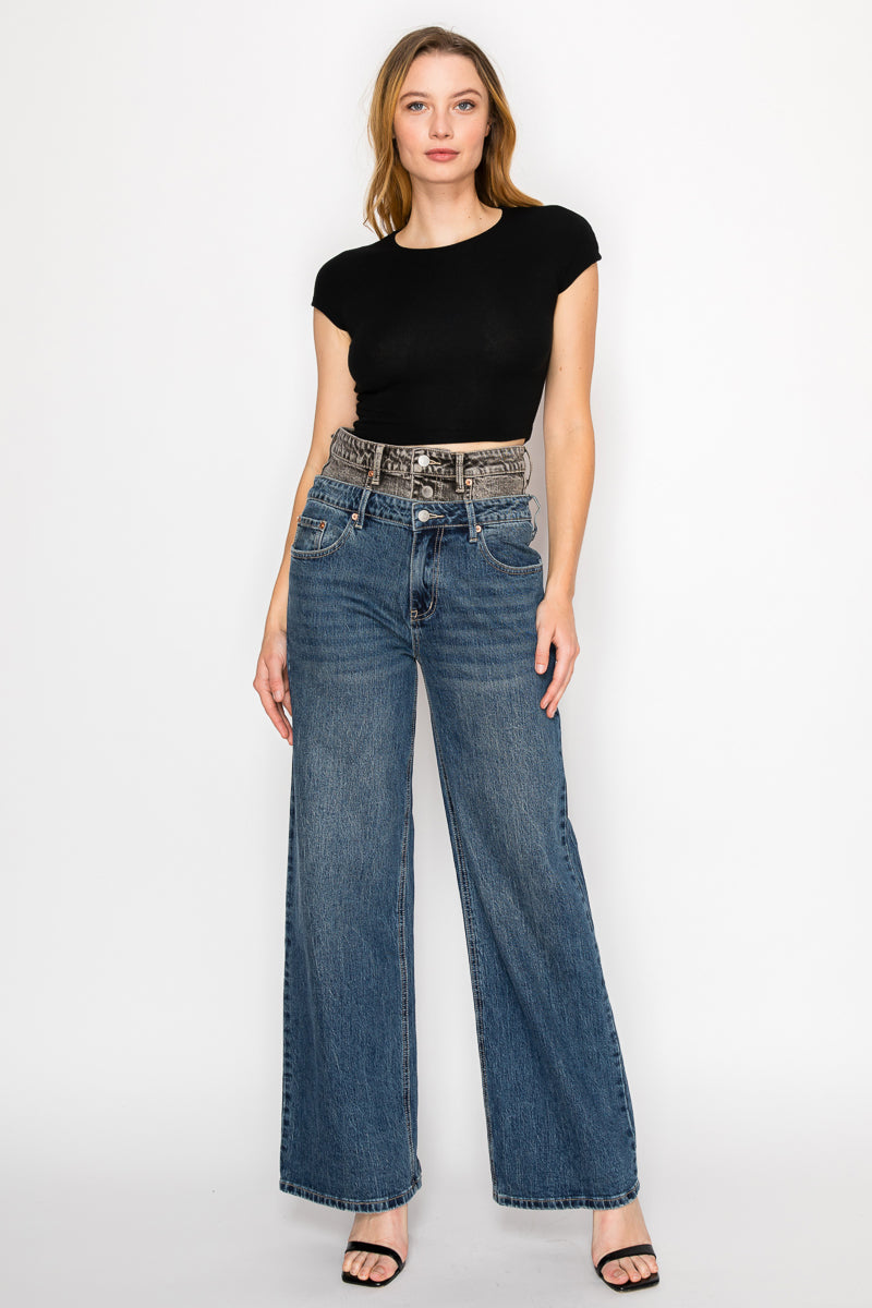 Double Snap On Waistband Layered Ultra High Rise Wide Jeans - Glamourous Grace