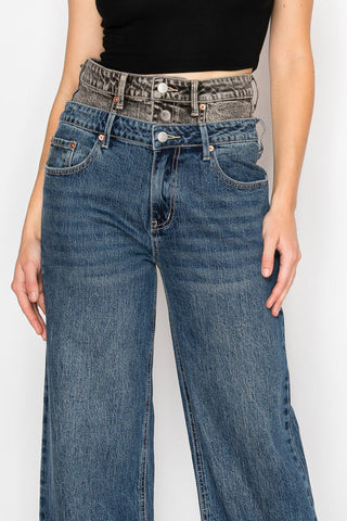 Double Snap On Waistband Layered Ultra High Rise Wide Jeans