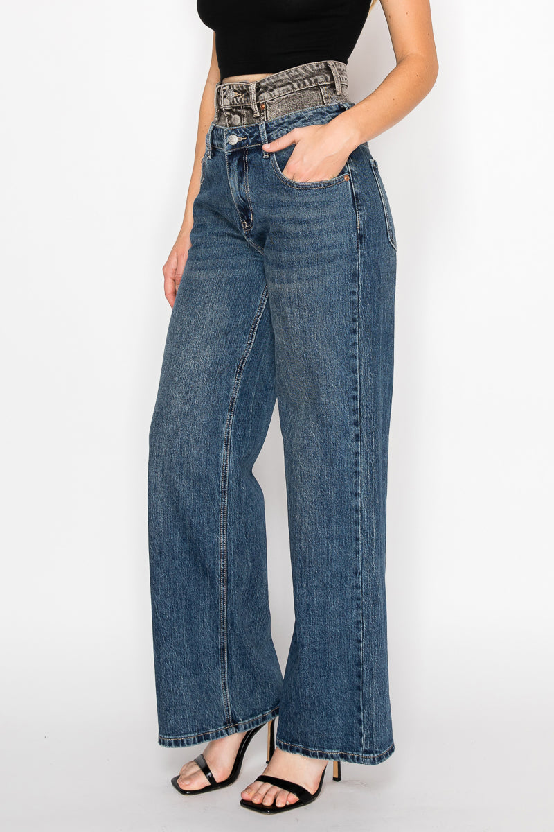 Double Snap On Waistband Layered Ultra High Rise Wide Jeans - Glamourous Grace