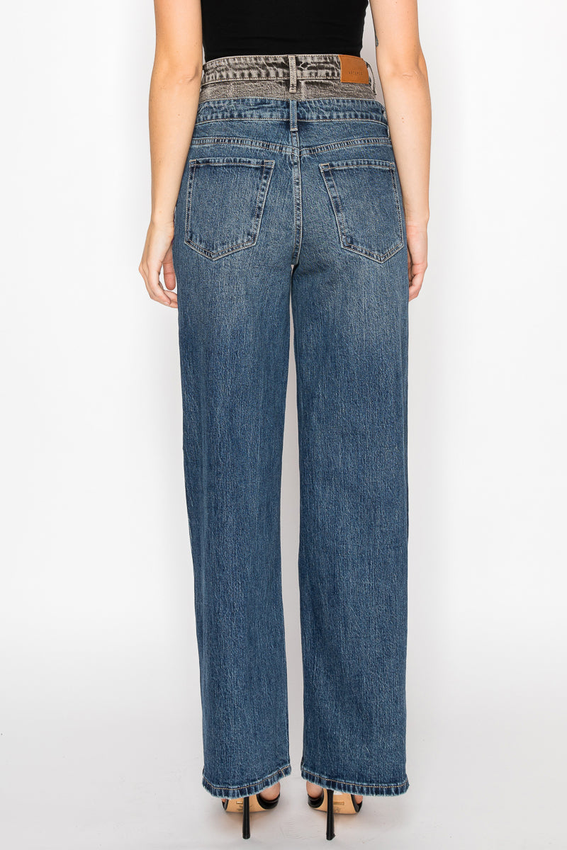 Double Snap On Waistband Layered Ultra High Rise Wide Jeans - Glamourous Grace
