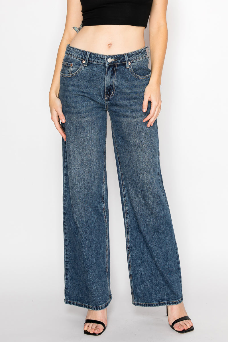 Double Snap On Waistband Layered Ultra High Rise Wide Jeans - Glamourous Grace