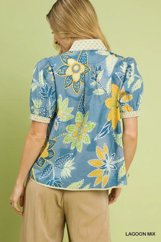 Umgee Mixed Abstract Print Puff Sleeve Blouse - Glamourous Grace