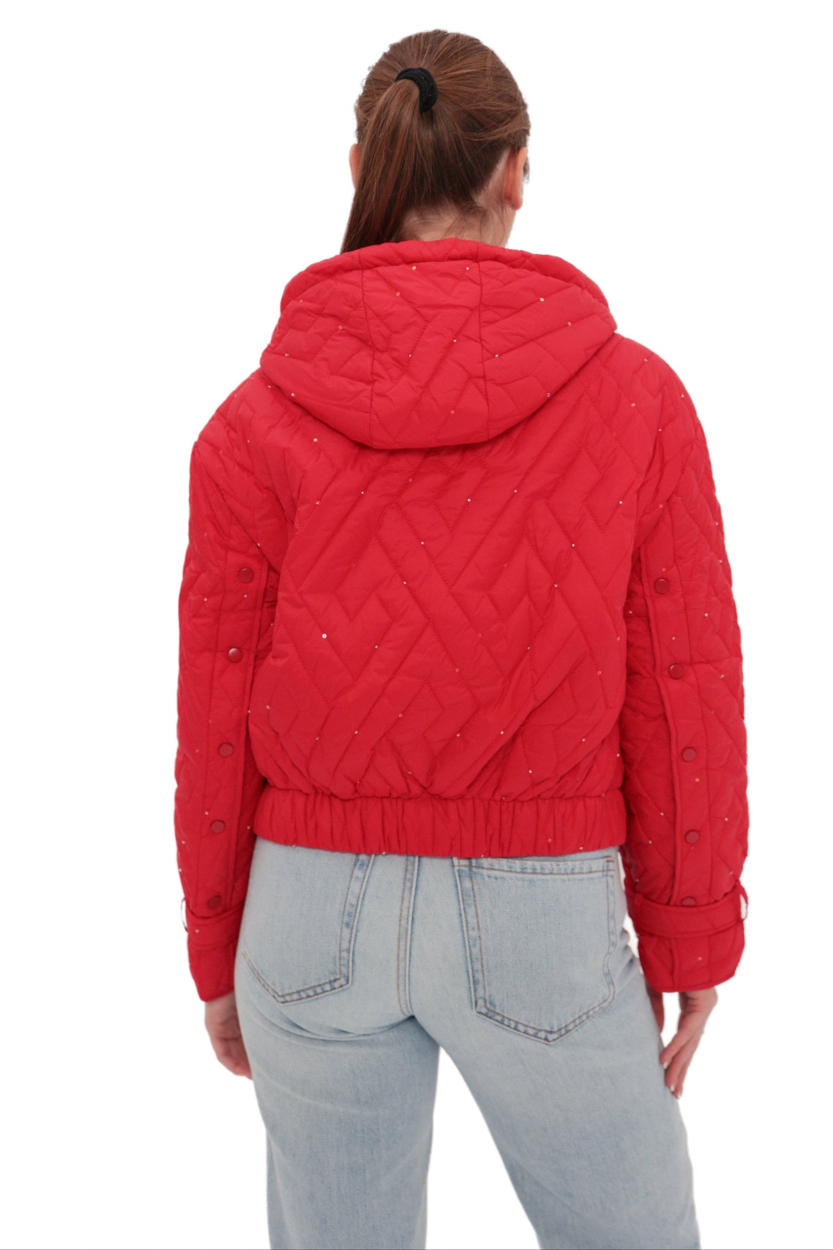 Studded Light Demi-Season Hooded Cropped Jacket in Red