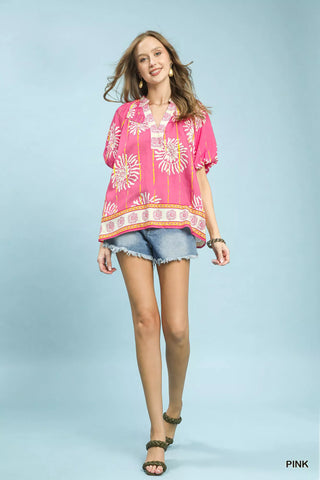 Umgee Floral Border Smocked V-Neck Boho Blouse - Glamourous Grace