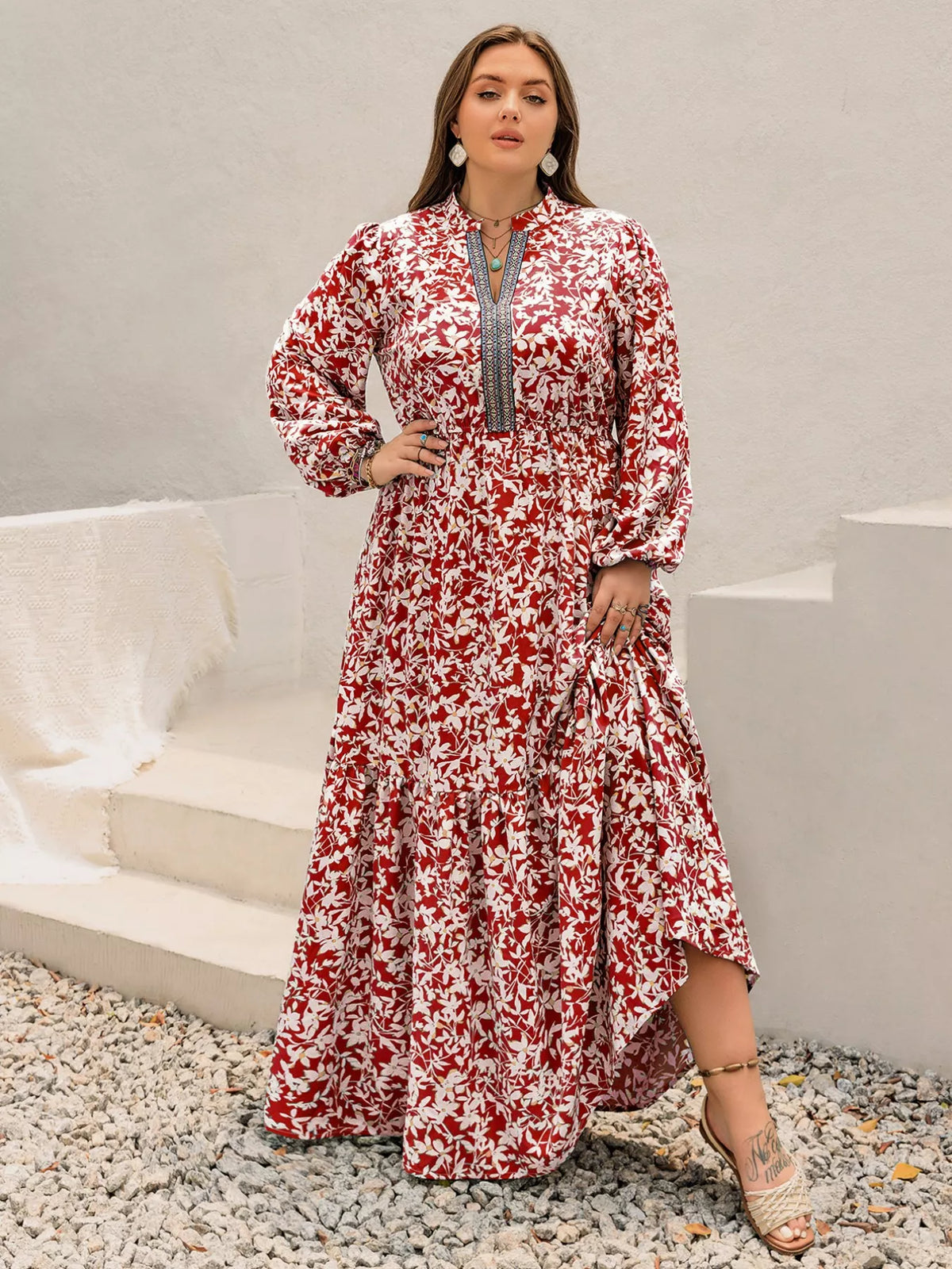 Plus Size Floral Print Long Sleeve Maxi Dress - Glamourous Grace