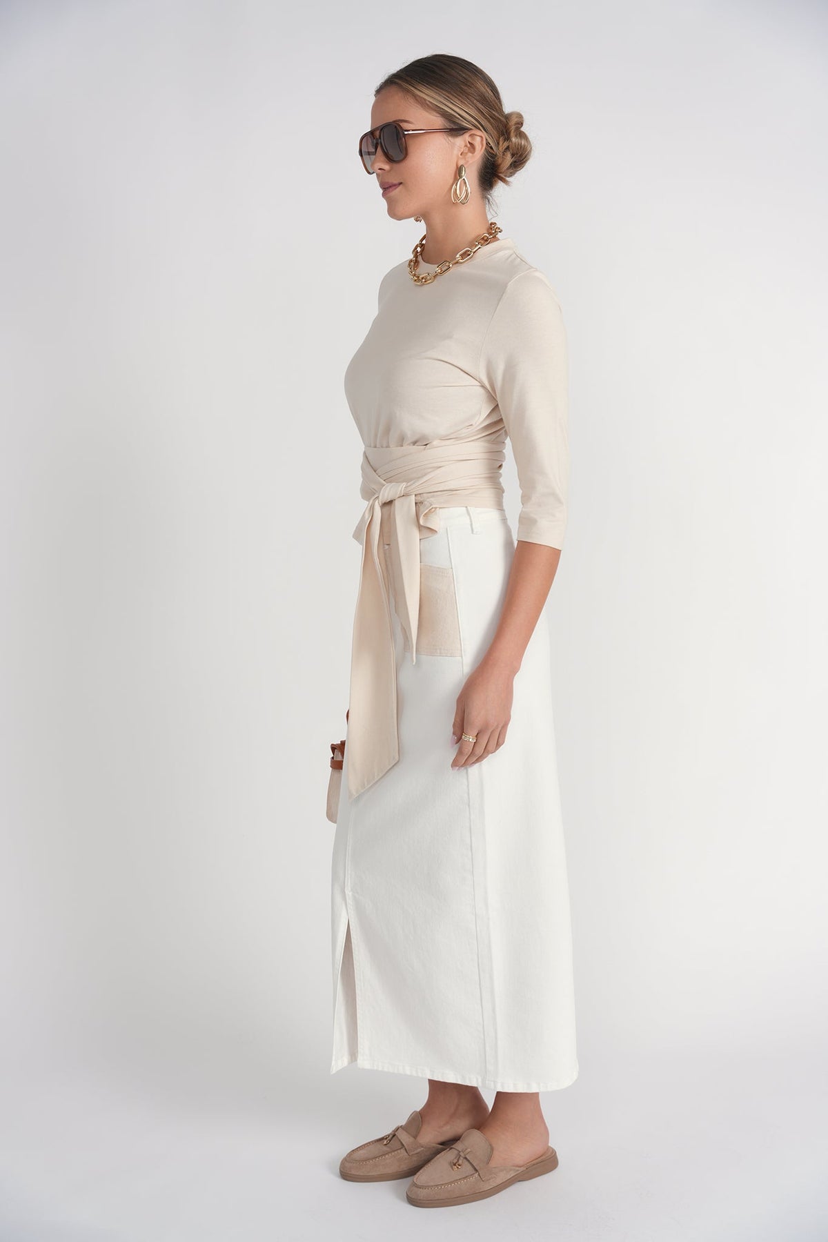 Contrast Pocket Midi Skirt- White Denim