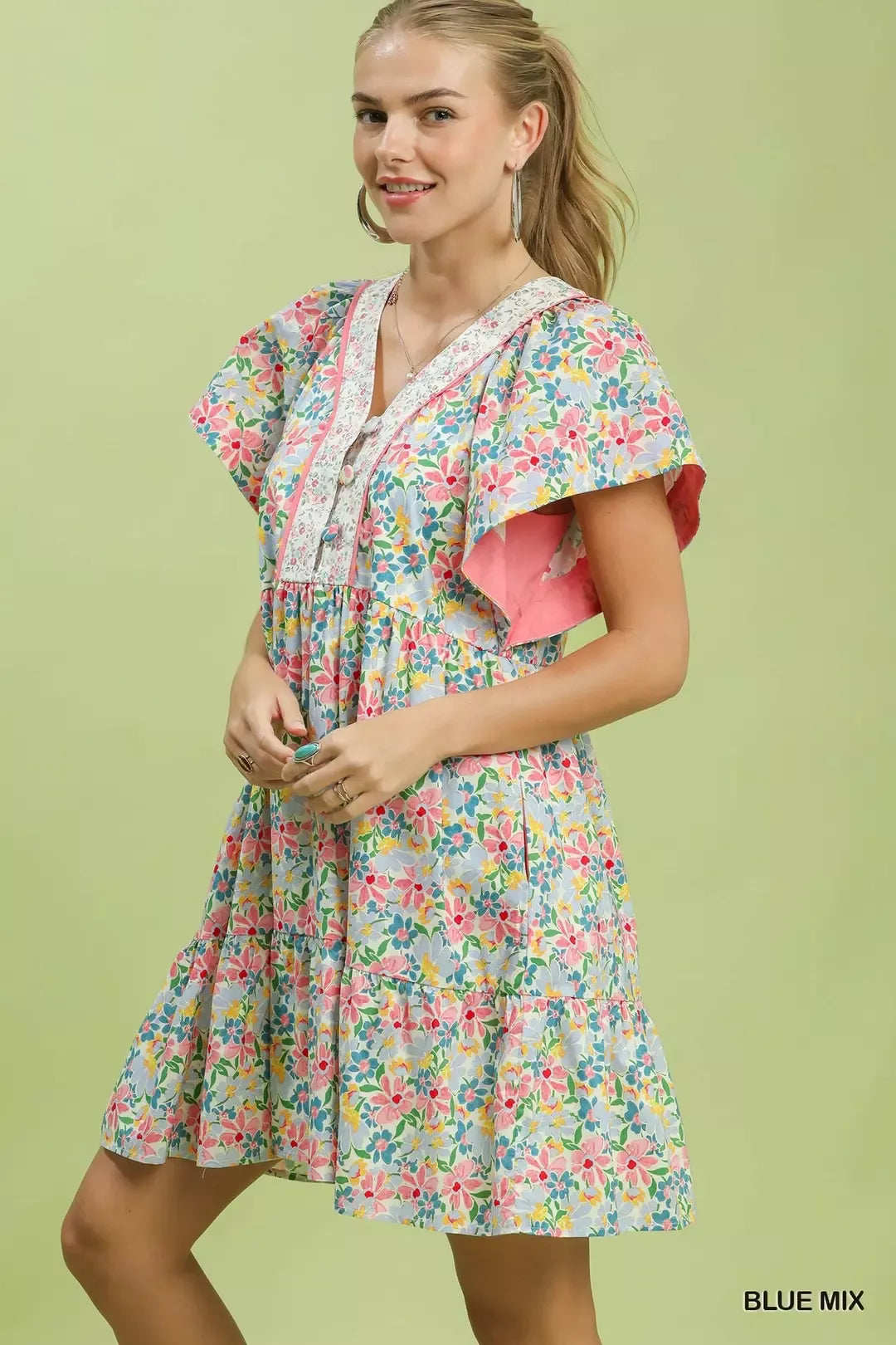 Umgee Mix Floral Tiered Mini Dress with Side Pockets - Glamourous Grace
