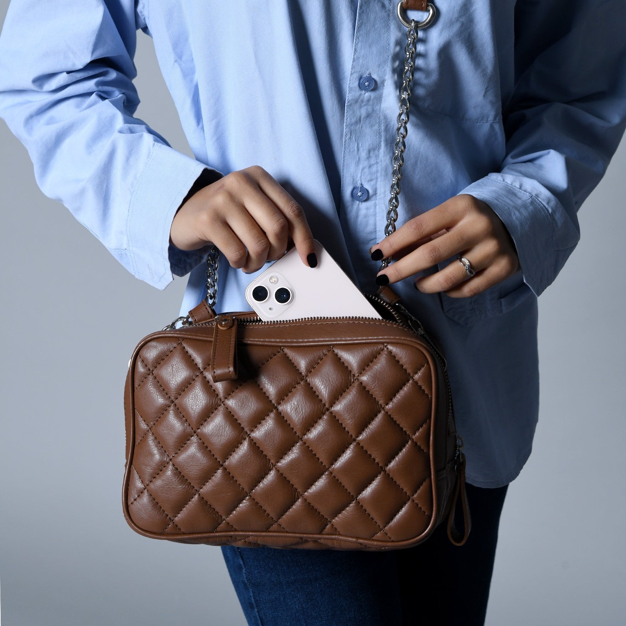 Mini Quilted Crossbody Bag, Rich Brown - Glamourous Grace