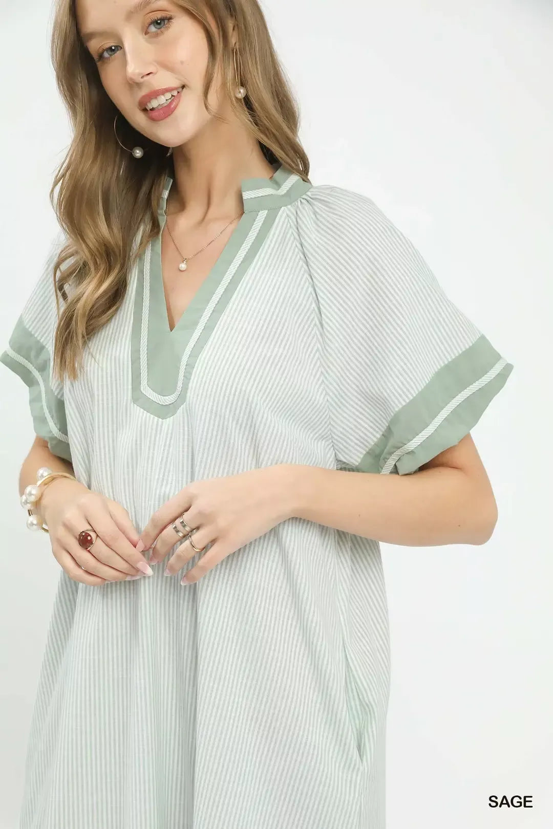 Umgee Pinstripe Contrast Trim Midi Dress - Glamourous Grace