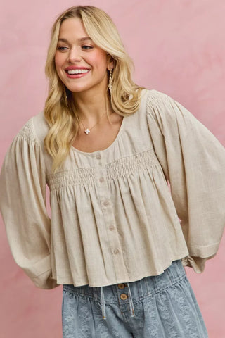 SO ME Linen Blend Woven Long Sleeve With Smocking Top - Glamourous Grace