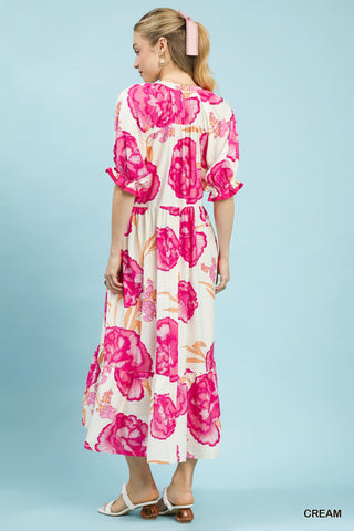 Umgee Floral Print Midi Dress with Contrast Trim - Glamourous Grace