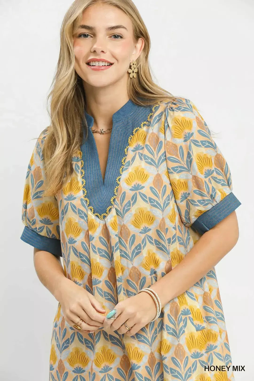 Umgee Mix Tile Print Mini Dress in Honey Mix - Glamourous Grace