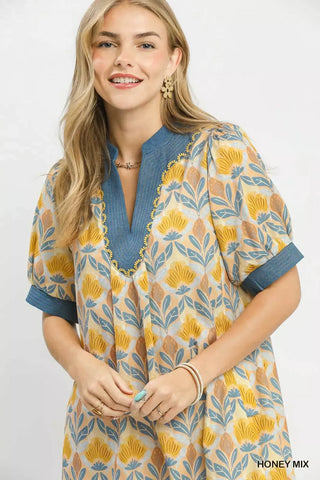 Umgee Mix Tile Print Mini Dress in Honey Mix - Glamourous Grace