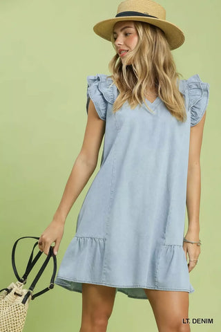 Umgee Chambray Ruffled Denim Dress with Side Pockets - Glamourous Grace