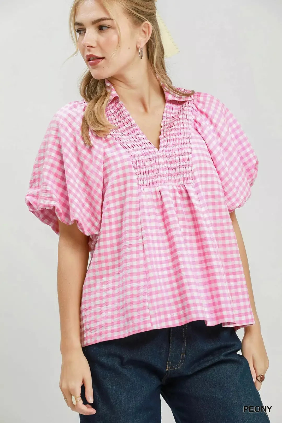 Umgee Smocked Yoke Puff Sleeve Gingham Blouse in Peony - Glamourous Grace