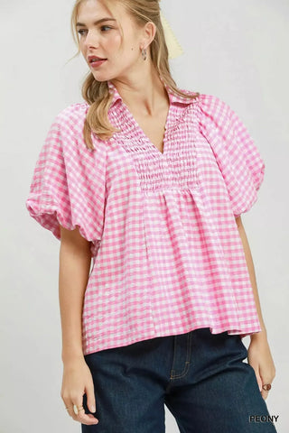 Umgee Smocked Yoke Puff Sleeve Gingham Blouse in Peony - Glamourous Grace